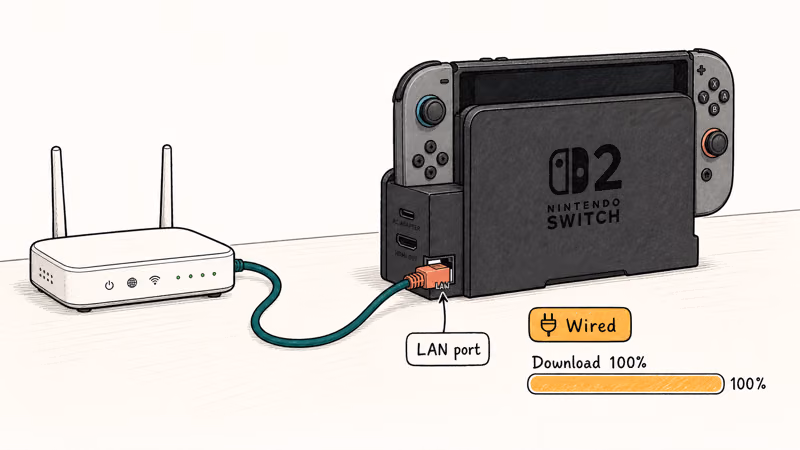 Ethernet cable plugged into Nintendo Switch 2 dock LAN port for a wired internet connection