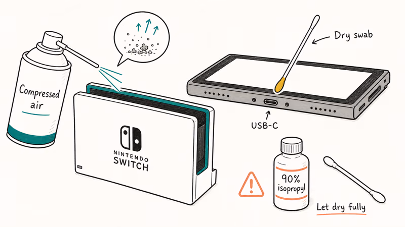 Compressed air can and cotton swab cleaning the Nintendo Switch USB-C connector and dock slot.