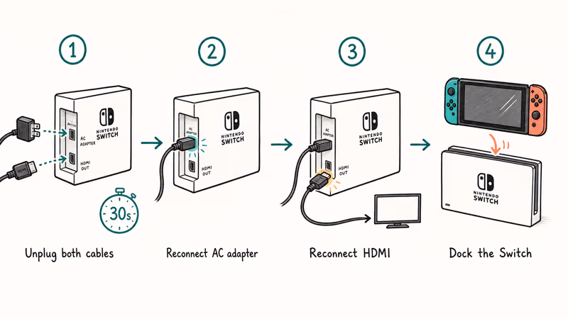 Hand-drawn flowchart of the four-step Nintendo Switch dock reset sequence with cable order.