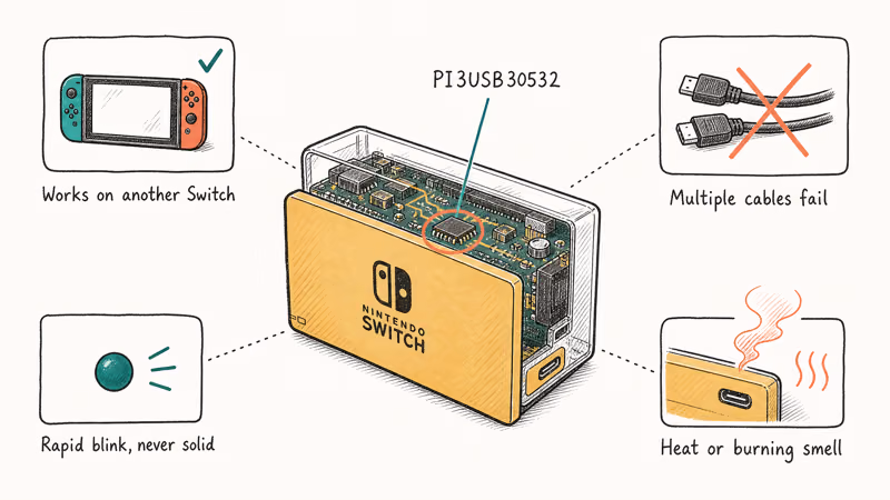 Switch dock cutaway with chip label and four hardware failure warning icons