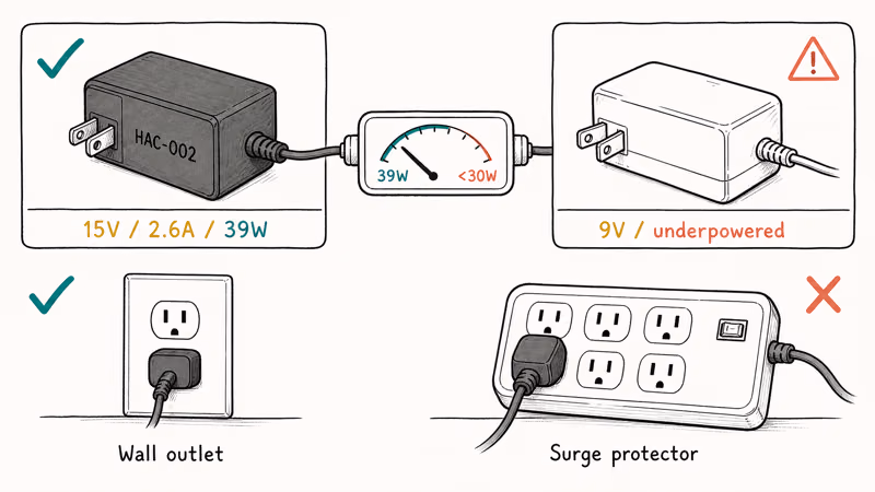 Side-by-side comparison of official HAC-002 adapter and an underpowered third-party charger with wattage.