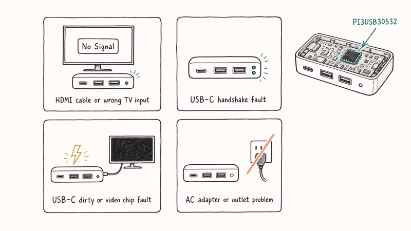 Hand-drawn chart mapping four Switch dock symptoms to their likely hardware causes and components.