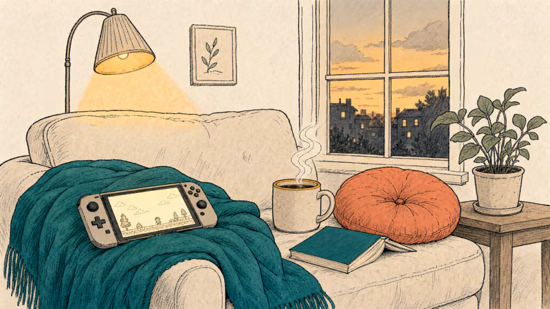 Hand-drawn cozy evening scene with a Switch handheld surrounded by tea and soft cushions