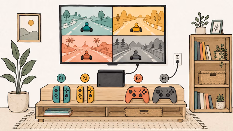 Hand-drawn living room scene with Switch dock and four controllers ready for local multiplayer