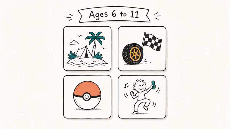 Hand-drawn grid of four Switch game icons recommended for girls ages six to eleven