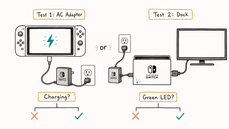 Two-test diagram checking Switch AC adapter and dock separately