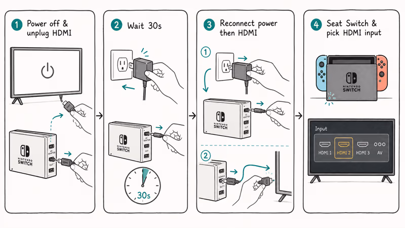 Four-panel hand-drawn sequence showing the thirty-second Nintendo Switch dock reset procedure step by step.