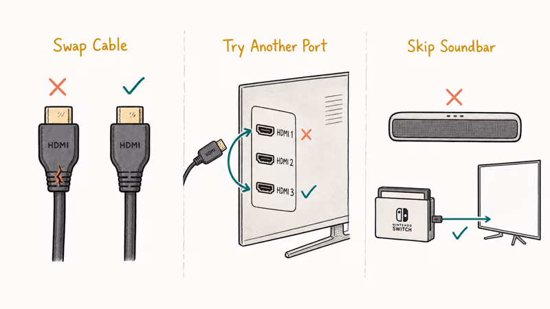 Diagram comparing HDMI cable swap, TV port change, and soundbar bypass tests