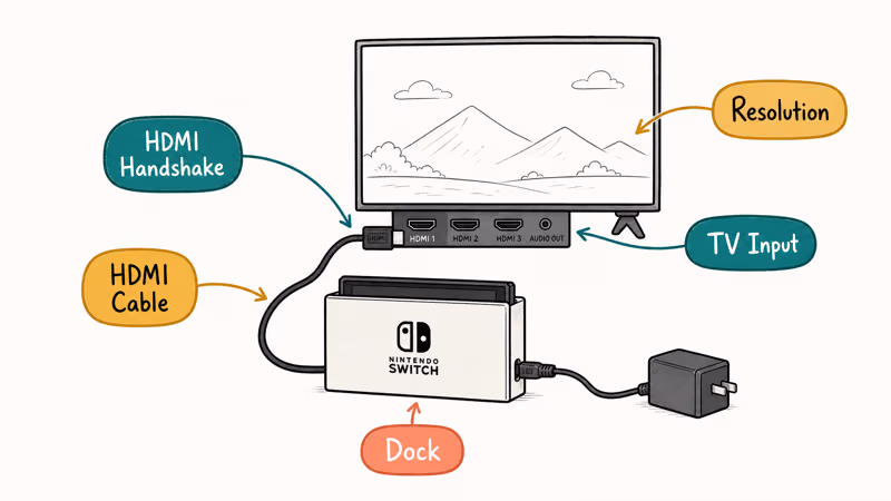 Diagram showing five reasons a Switch dock fails to display on TV
