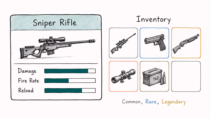 Hand-drawn weapon tooltip and inventory grid with rarity-colored weapon and ammo icons.