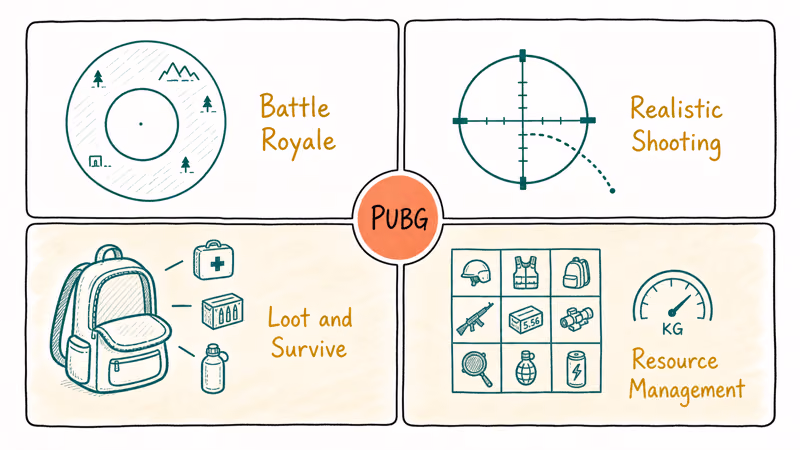 Hand-drawn four-quadrant diagram showing the four core PUBG gameplay layers and ingredients.