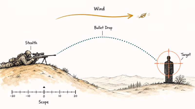 Hand-drawn sniper ballistics diagram showing bullet drop, wind effect, and target reticle.