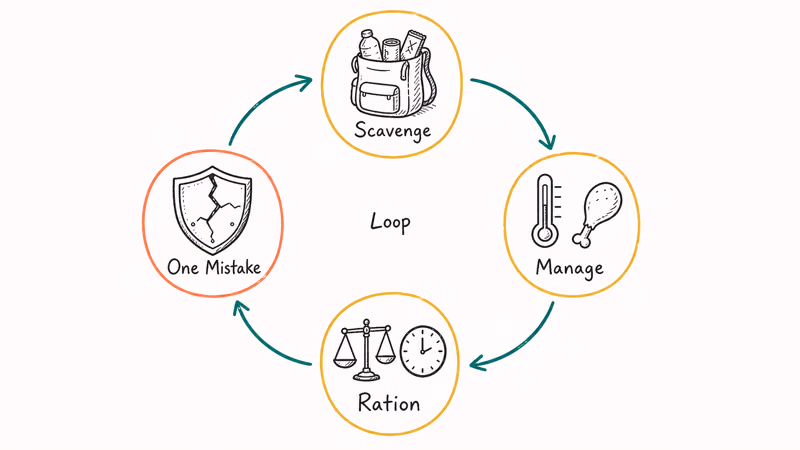 Hand-drawn circular loop diagram showing scavenge, manage, ration, and one mistake survival cycle.