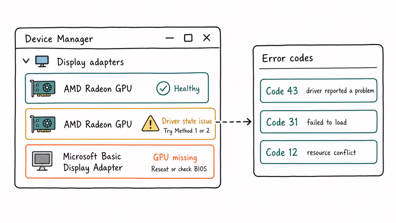Hand-drawn Device Manager showing AMD GPU states and error codes 43 31 12.