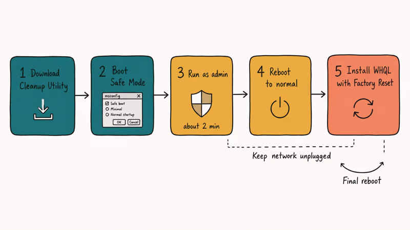 Hand-drawn flowchart of Safe Mode AMD Cleanup Utility steps for fresh driver install.