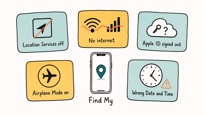Hand drawn infographic showing five common causes of No Location Found on iPhone