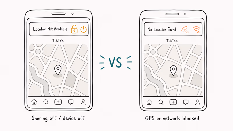 Side-by-side TikTok location error screens with short cause labels.
