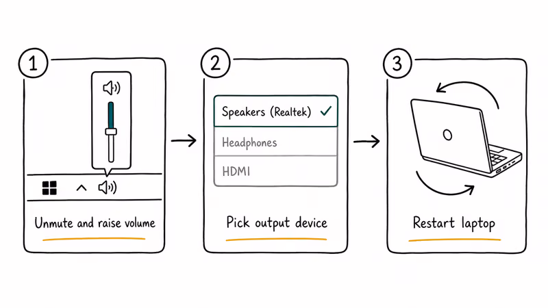 Three quick laptop sound fix steps showing volume slider, Sound output dropdown, and restart arrows
