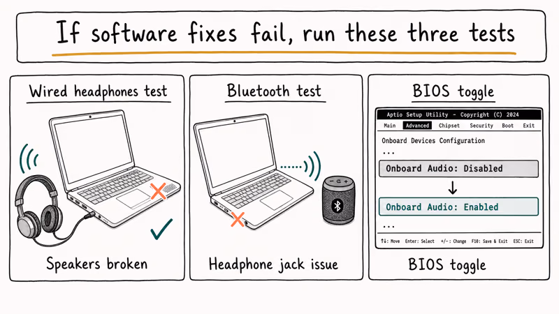 Three hardware checks comparing headphones, Bluetooth speaker, and BIOS audio toggle