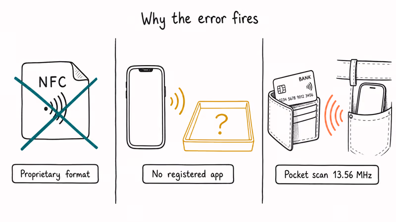 Hand-drawn diagram showing three causes of the unsupported NFC tag error on Android phones.