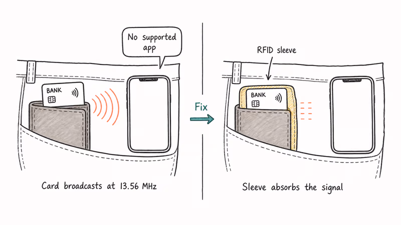Wallet card triggering phone NFC scan beside RFID sleeve prevention.