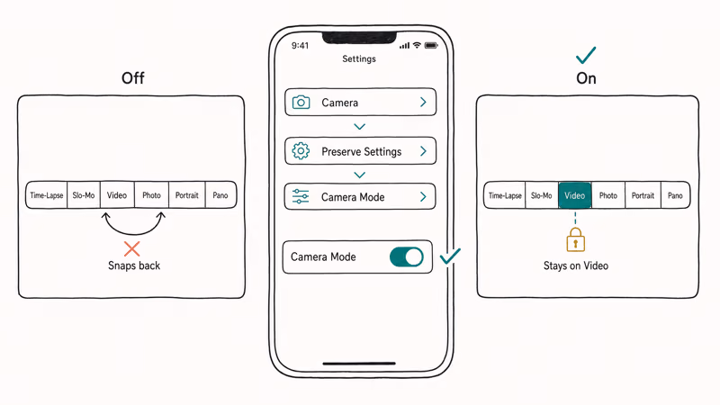 iPhone Settings showing Camera Preserve Settings menu with Camera Mode toggle enabled.