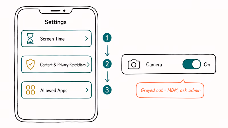 iPhone Settings screen showing Screen Time Content Privacy Restrictions Allowed Apps Camera toggle.