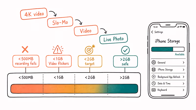 Diagram showing iPhone storage levels and which Camera features fail at each threshold.