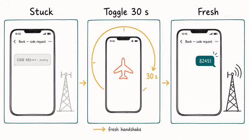 Three-panel hand-drawn sketch showing a stuck SMS queue, a thirty-second airplane mode toggle, then a fresh verification code