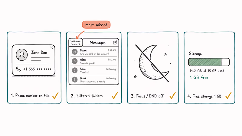 Hand-drawn four-step checklist covering phone number, filtered folders, Focus mode, and free storage before network fixes.