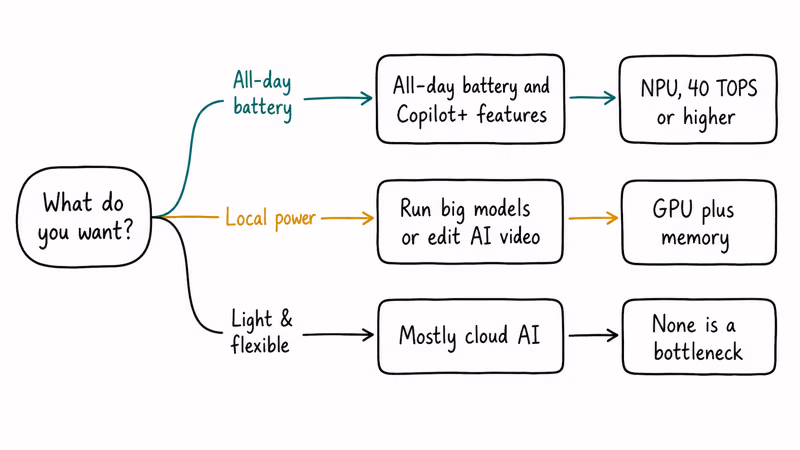 Decision paths matching battery features to NPU and local AI models to GPU memory
