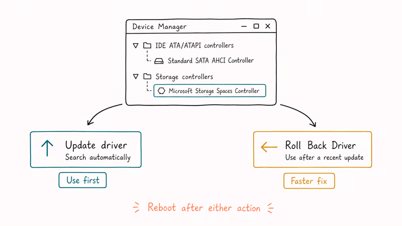 Hand drawn Device Manager diagram comparing storage controller driver update versus rollback paths.