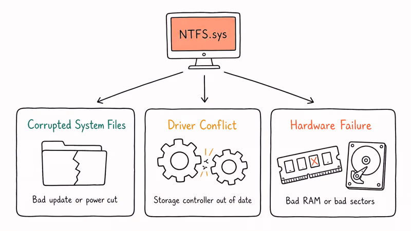 Hand drawn diagram showing three causes of the NTFS.sys blue screen.