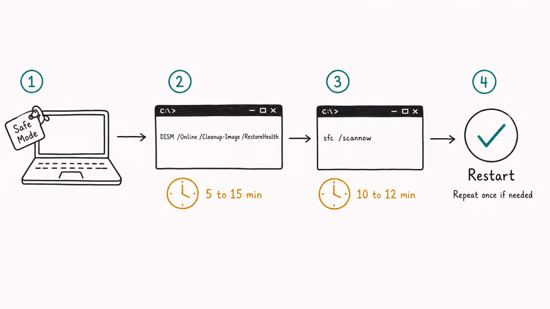 Hand drawn flowchart of running DISM then SFC scannow in Windows Safe Mode for repair.
