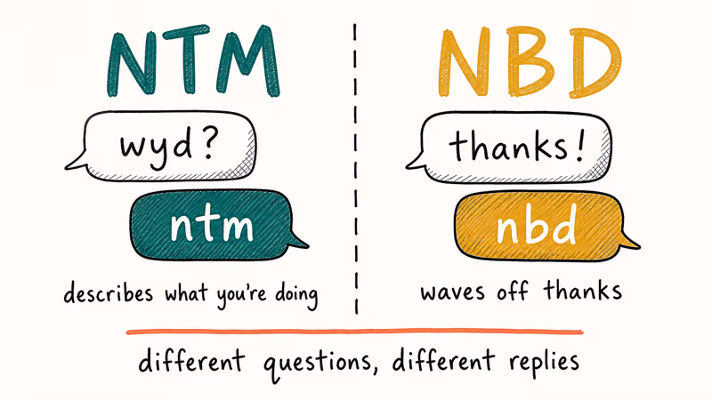 Hand-drawn two-column comparison of NTM and NBD acronyms with sample chat replies for each