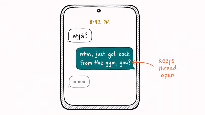 Hand-drawn smartphone chat bubbles showing the WYD reply pattern with a follow-up question