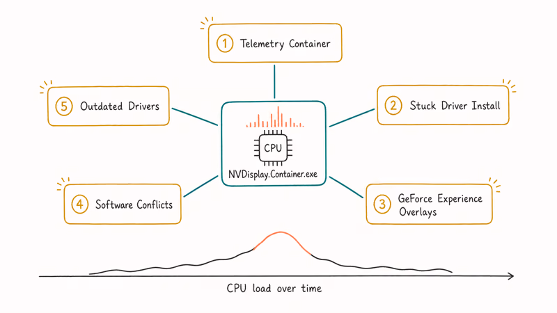 Infographic showing five common reasons NVDisplay.Container.exe spikes Windows CPU and SSD usage