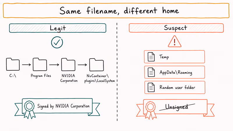 Hand-drawn comparison of legitimate NvContainer install path against suspect Temp and AppData copies.