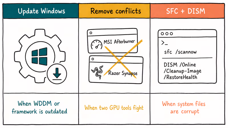 Hand-drawn comparison of three advanced repair paths for stubborn NVIDIA Control Panel crashes on Windows.