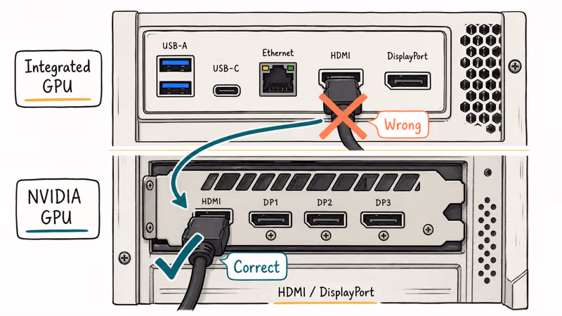 Diagram comparing motherboard video ports versus discrete NVIDIA GPU outputs on a desktop tower