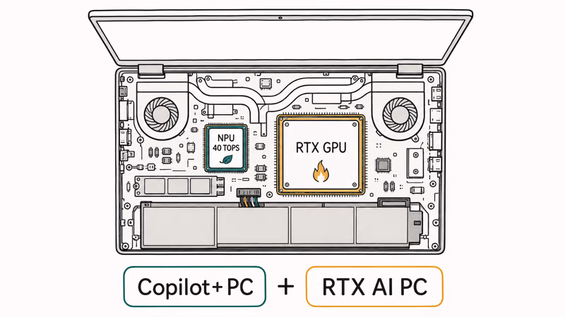 Single laptop holding both an NPU chip and an RTX GPU, earning Copilot+ and RTX badges