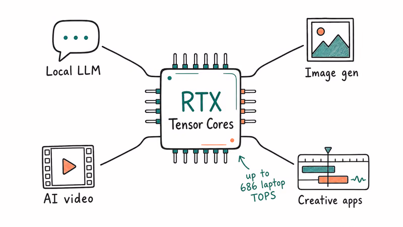RTX GPU at center linked to local language model, image, video, and creative app workloads