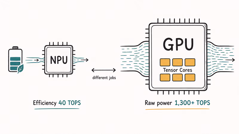 Split illustration contrasting a small efficient NPU chip with a larger high-throughput RTX GPU chip
