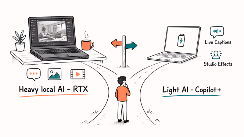 Fork showing a heavy AI creator path to RTX versus a light AI path to Copilot+