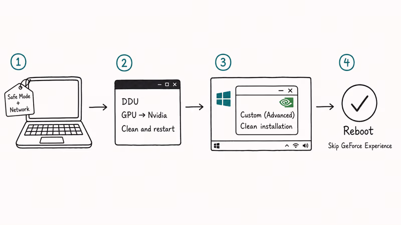 Hand drawn flowchart showing DDU cleanup and clean Nvidia driver install.