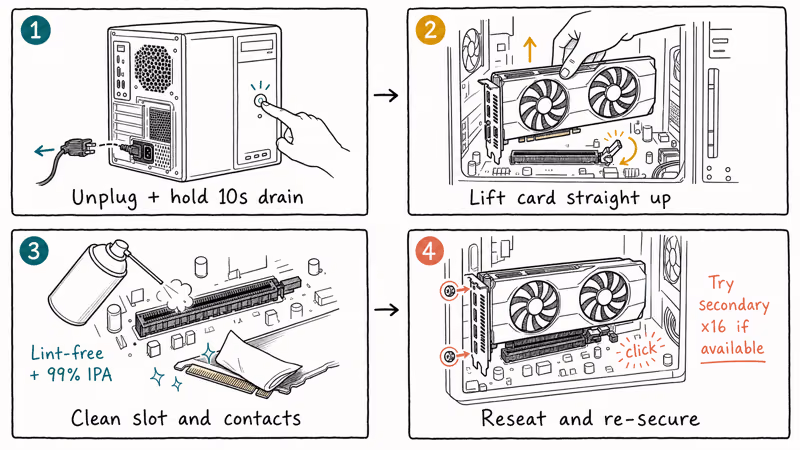 Hand drawn four step GPU reseating and PCIe slot cleaning sequence.