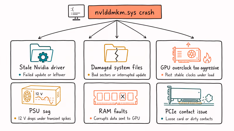 Hand drawn diagram showing six recurring causes of the Nvlddmkm.sys driver crash on Windows.
