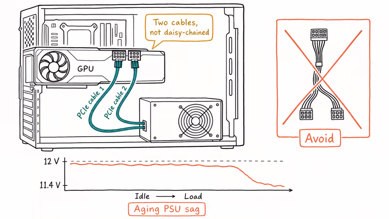 Hand drawn diagram comparing separate PCIe cables and daisy chained connector.