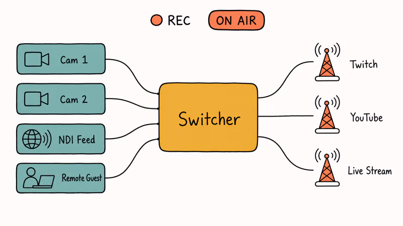 Hand-drawn switcher routing cameras to Twitch, YouTube, and live destinations.