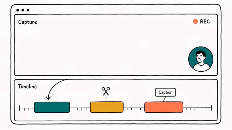 Hand-drawn capture and timeline workflow with clips and caption callout.